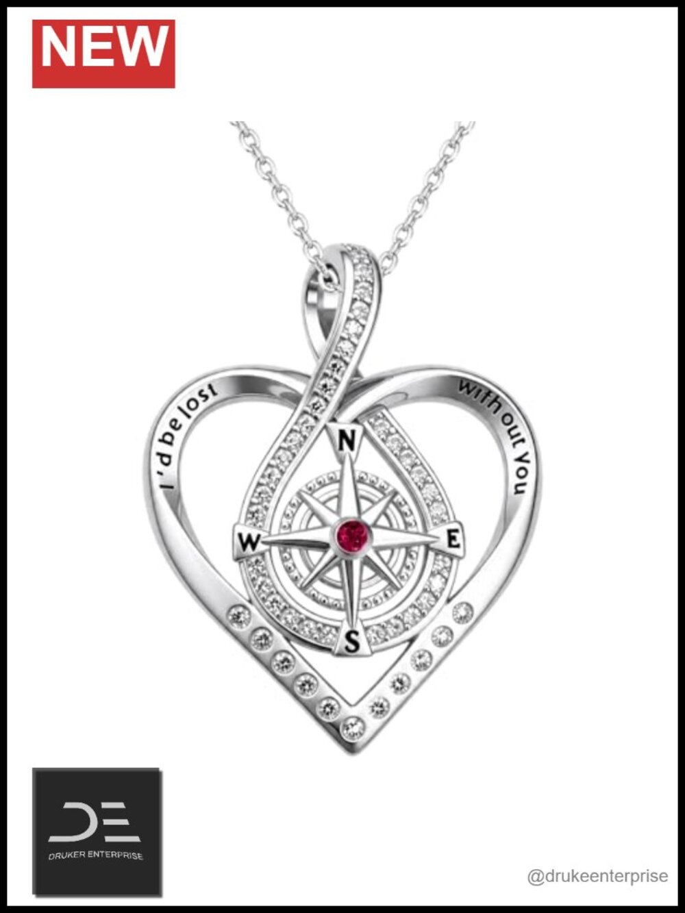 Compass Necklace 14K 18K White Gold Plated Engraved I'd Be Lost Without You